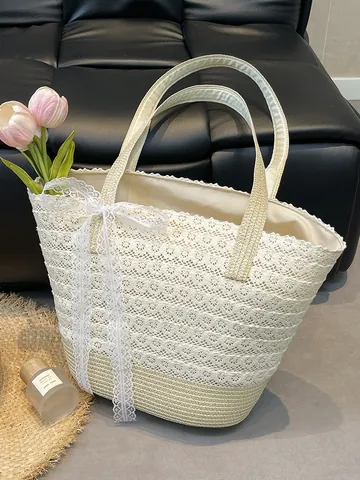Women Summer Beach Vacation Lace Woven Straw Tote Bag Large Capacity Bowknot Shoulder Handbag Pastoral Style Weaving Basket Bag