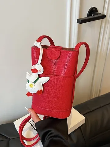 Women Mini Crossbody Mobile Phone Bag Korean Fashion PU Leather Litchi Pattern Bucket Bag With Cute Cartoon Charm Simple Casual