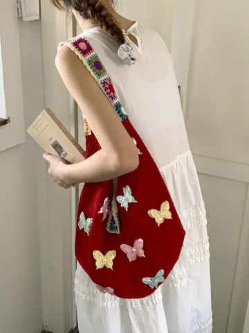 Damen Böhmisch Häkeln Strick Umhängetasche 3D Schmetterling Applikation Große Kapazität Granny Square Tote Tasche Sommer Strandtasche