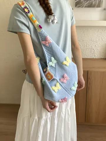 Damen Böhmisch Häkeln Strick Umhängetasche 3D Schmetterling Applikation Große Kapazität Granny Square Tote Tasche Sommer Strandtasche