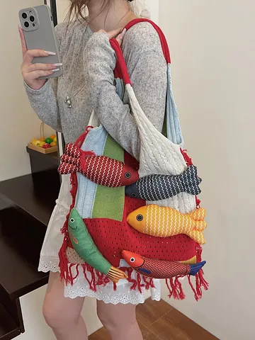 Women's Bohemian Knitted Tote Bag Crochet Shoulder Bag With 3D Fish Decorations And Fringe Tassel Large Capacity Beach Bag