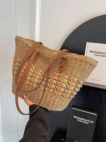 Damen Stroh Gewebte Tote Bag Große Kapazität Strandurlaub Handtasche Mit Leder Schultergurt Minimalistische Einzelschultertasche