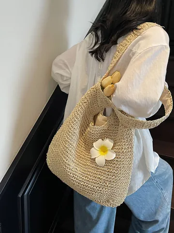 Large Capacity Women Straw Woven Tote Bag Summer Beach Vacation Handbag With Flower Decor Paper Rope Casual Shoulder Bag