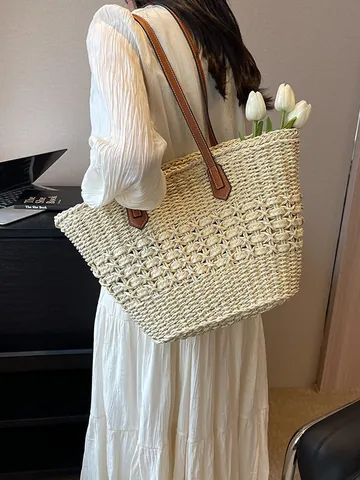 Damen Stroh Gewebte Tote Bag Große Kapazität Strandurlaub Handtasche Mit Leder Schultergurt Minimalistische Einzelschultertasche