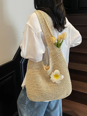 Large Capacity Women Straw Woven Tote Bag Summer Beach Vacation Handbag With Flower Decor Paper Rope Casual Shoulder Bag