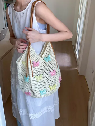 Women Fashion Woven Crochet Butterfly Tote Bag Large Capacity Hollow Out Beach Shoulder Bag With Synthetic Leather Handle