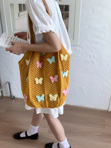 Women Fashion Woven Crochet Butterfly Tote Bag Large Capacity Hollow Out Beach Shoulder Bag With Synthetic Leather Handle