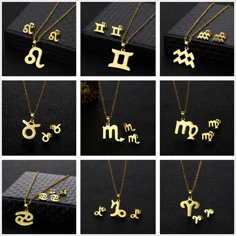 Set di Collana e Orecchini a Bottone 12 Costellazioni Zodiacali in Acciaio Inossidabile 304 Placcato Oro Gioielli Donna