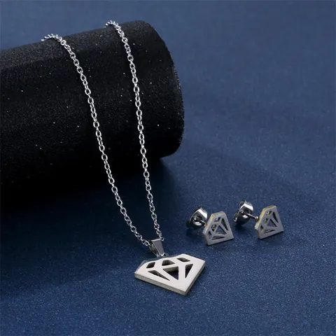 304 Edelstahl Hohl Diamantform Anhänger Halskette Und Ohrstecker Set Silberton Street Hip Hop Schmuck Für Damen
