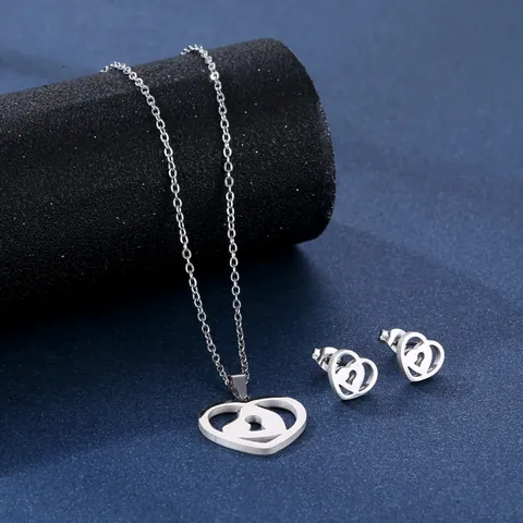 Minimalist 304 Stainless Steel Heart Lock Necklace Stud Earrings Set Silver Polished Hollow Keyhole Jewelry For Women
