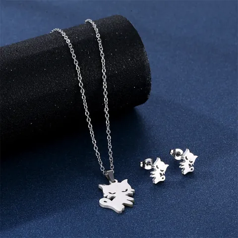 Collana Con Pendente a Forma di Gatto Geometrico Cavo in Acciaio Inossidabile 304 E Orecchini a Bottone Gioielli Animali Cartoni Animati Regalo per Donna