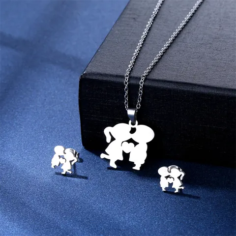 Stainless Steel Kissing Couple Silhouette Necklace And Stud Earrings For Women Simple Romantic Heart Pendant Clavicle Chain Jewelry