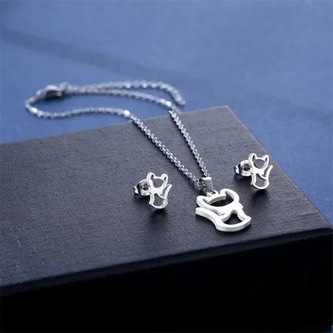 Minimalistisches 304 Edelstahl Katze Schmuck-Set Für Damen Hohl Tier Anhänger Halskette Und Passende Ohrstecker Mode Schmuck