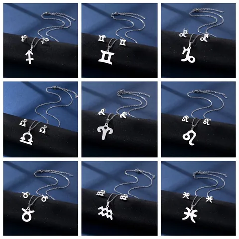 Set di Gioielli in Acciaio Inossidabile 304 12 Segni Zodiacali Argento Minimalista Collana Pendente Orecchini Donna Regalo