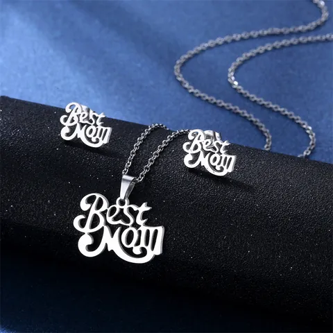 304 Stainless Steel Best Mom Jewelry Set For Women Hollow Letter Pendant Necklace And Stud Earrings Mother's Day Gift