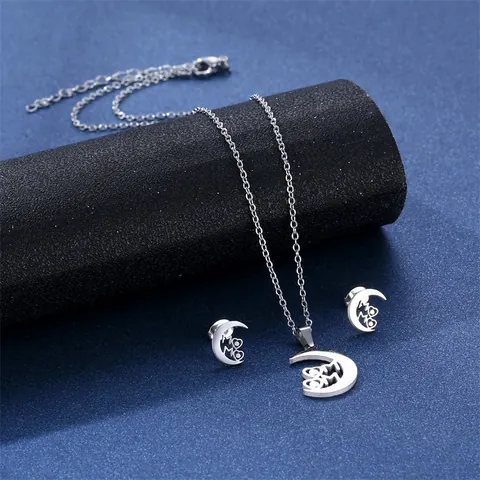 Stainless Steel Crescent Moon Heart MAMA Pendant Necklace And Stud Earrings For Women Mom Gift Silver Color Polished Jewelry