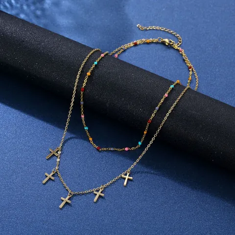 Doppelschichtige 304 Edelstahl Halskette Und Ohrringe Mit Kreuzanhänger Und Bunten Perlen Gold Vergoldet Damen Schmuck