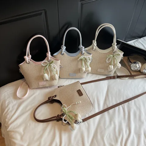 Bolso de Cubo de Paja Tejida para Mujer con Asa de Cuero PU Bolso Bandolera Colgante Perla Tulipa Color Contraste Vacaciones