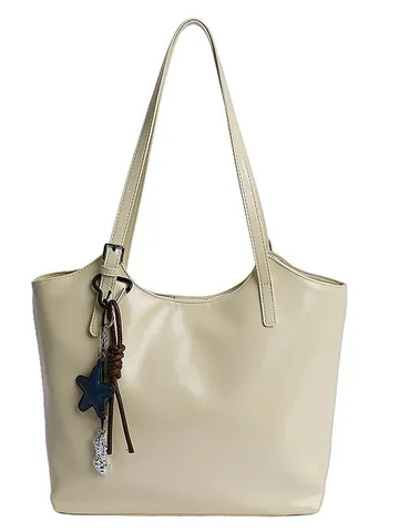 Women Large Capacity PU Leather Tote Bag Western Retro Commuting Shoulder Bag With Star Charm Solid Color Handbag