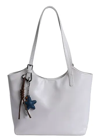 Women Large Capacity PU Leather Tote Bag Western Retro Commuting Shoulder Bag With Star Charm Solid Color Handbag