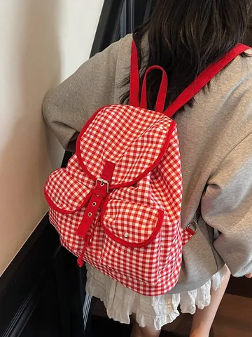 Mochila de Lona Gingham de Moda para Mujer Mochila Escolar Vintage de Cuadros con Cordón y Bolsillos Delanteros para Estudiantes