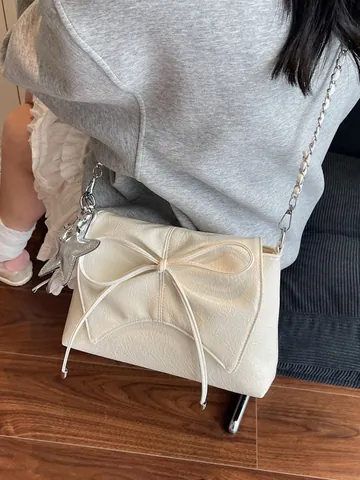 Damen Vintage PU Leder Umhängetasche Mit Großer Schleife Plissiert Glänzend Kette Crossbody Tasche Medium Quadratisch Handtasche