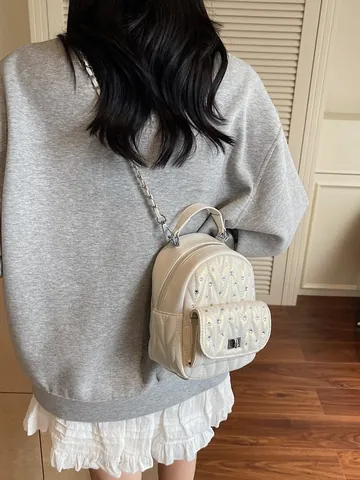 Mini Rhinestone Backpack For Women PU Leather Quilted Pattern Chain Strap Small Casual Travel Fashion Daypack Bag