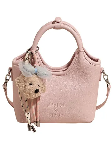 Sac Seau pour Femme en Cuir PU Petit Sac à Bandoulière de Niche Avec Pendentif Ours Poignée Circulaire Main