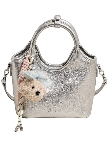Sac Seau pour Femme en Cuir PU Petit Sac à Bandoulière de Niche Avec Pendentif Ours Poignée Circulaire Main