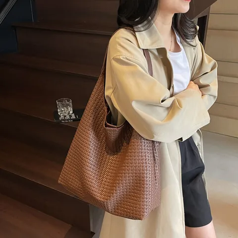 Bolso Tote de Cuero PU Trenzado Vintage para Mujer Gran Capacidad Bolso de Hombro Hobo Trenzado a Mano Retro Color Sólido