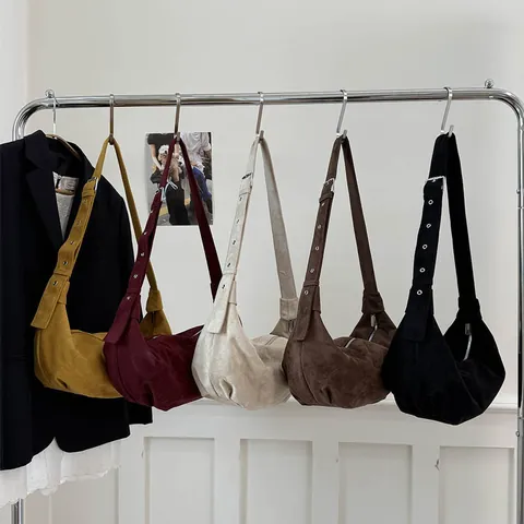 Women Retro Minimalist PU Suede Texture Large Capacity Hobo Bag Half Moon Shoulder Crossbody Bag With Adjustable Grommet Strap