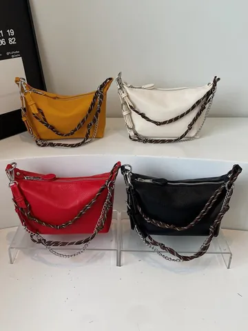Women Fashion PU Lychee Pattern Hobo Bag Braided Rope Strap Silver Chain Crossbody Shoulder Bag Casual Retro Handbag