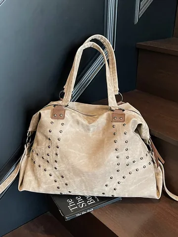 Bolso Tote Vintage con Remaches de Gran Capacidad de Cuero PU para Mujer Color Sólido Casual Bolso de Hombro Retro
