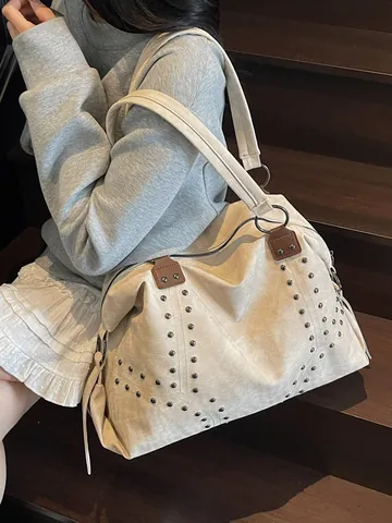 Bolso Tote Vintage con Remaches de Gran Capacidad de Cuero PU para Mujer Color Sólido Casual Bolso de Hombro Retro