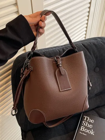 Damen Litschitextur PU Leder Eimertasche Vintage Pendler Große Kapazität Schulter Umhängetasche Mit Breitem Gurt