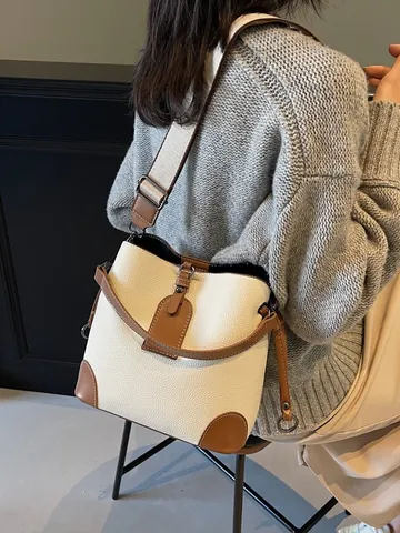 Damen Litschitextur PU Leder Eimertasche Vintage Pendler Große Kapazität Schulter Umhängetasche Mit Breitem Gurt