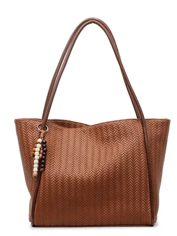 Bolso Tote de Cuero PU Tejido Vintage para Mujer Bolso de Hombro de Gran Capacidad con Colgante de Cuentas Bolso Casual