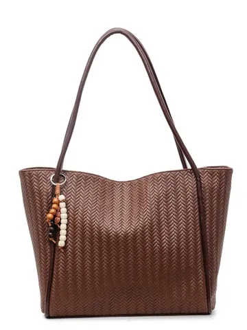 Bolso Tote de Cuero PU Tejido Vintage para Mujer Bolso de Hombro de Gran Capacidad con Colgante de Cuentas Bolso Casual