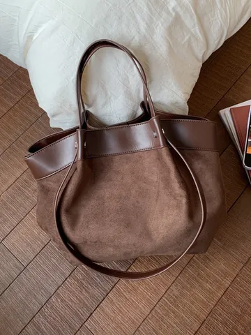 Vintage Patchwork Suede PU Leather Tote Bag For Women Large Capacity Shoulder Bag Casual Commuter Handbag Solid Color Retro Shopping Bag