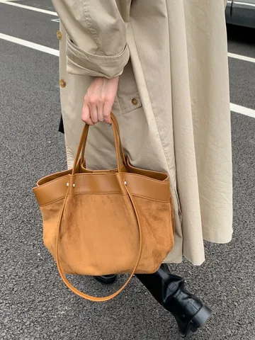 Vintage Patchwork Suede PU Leather Tote Bag For Women Large Capacity Shoulder Bag Casual Commuter Handbag Solid Color Retro Shopping Bag