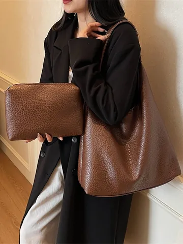 Women Large Capacity PU Leather Tote Bag And Pouch Retro Pebbled Texture Hobo Shoulder Bag Minimalist Commuter Underarm Bag