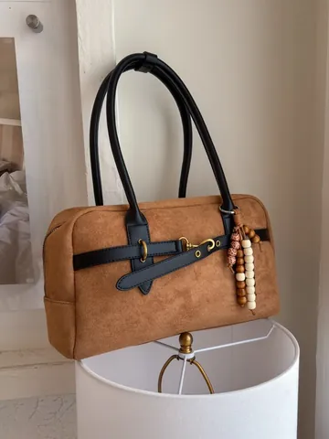 Borsa a Tracolla in Pelle PU Vintage Occidentale da Donna Borsa Retro Con Ciondolo di Perline Tracolla a Contrasto