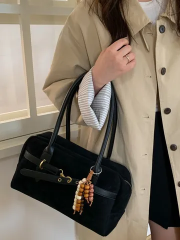Borsa a Tracolla in Pelle PU Vintage Occidentale da Donna Borsa Retro Con Ciondolo di Perline Tracolla a Contrasto