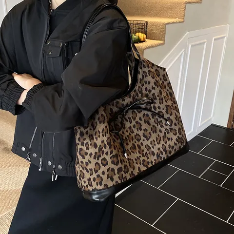 Vintage Leopardenmuster Tragetasche Für Damen Große Kapazität Herbst Winter Mode Schleife Umhängetasche Pendeln Unterarmtasche