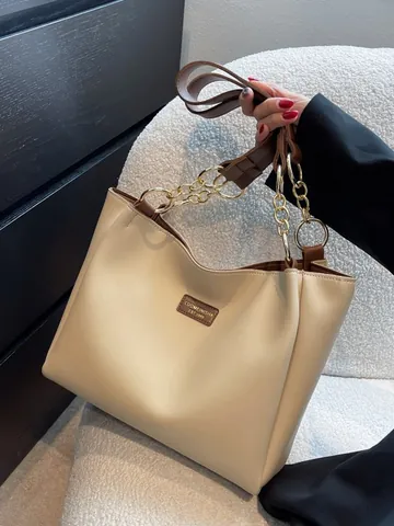 Μόδα Γυναικεία Τσάντα Tote από Δέρμα PU Μεγάλη Χωρητικότητα Βίντατζ Χρυσή Αλυσίδα Τσάντα Ώμου για Μετακίνηση Σχολείο