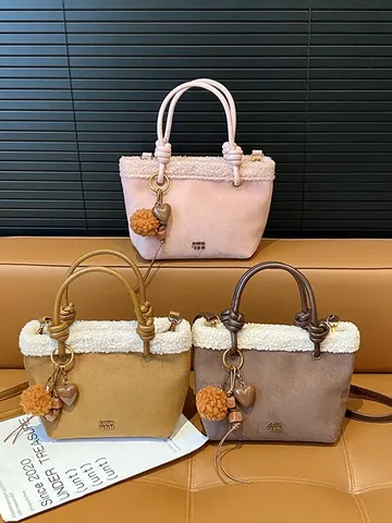 Sac Seau pour Femmes en Tissu Daim Peluche Rétro Avec Bordure Sherpa Sac à Main Bandoulière Mode Automne Hiver