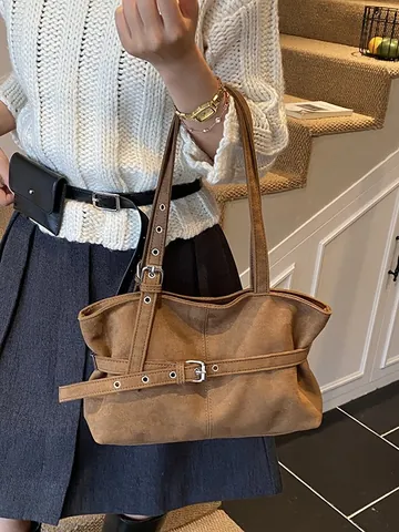 Vintage Wildleder Große Kapazität Tote Bag Für Damen Verstellbarer Gürtelriemen Metallösen Schulter Achsel Tasche Büro Arbeit Handtasche