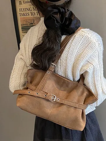 Vintage Wildleder Große Kapazität Tote Bag Für Damen Verstellbarer Gürtelriemen Metallösen Schulter Achsel Tasche Büro Arbeit Handtasche