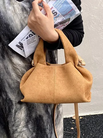 Vintage Suede Handbag For Women Cloud Shape Shoulder Crossbody Bag With Adjustable Strap Fashion Solid Color Hobo Purse