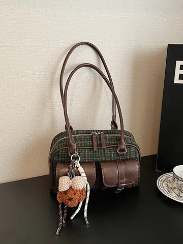 Sac à Épaule Retro Plaid Tweed et Cuir PU pour Femmes Vintage Boston Sac à Main sous le Bras Avec Charme pour Travail Quotidien